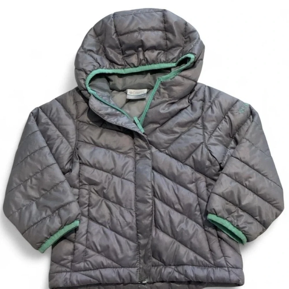 Columbia Puffer Jacket Toddler Girls 3T Grey Mint Green Good Quilted Hooded